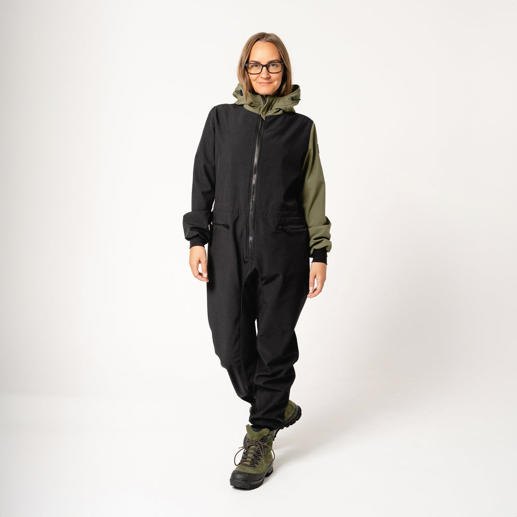 close-up detail of the carola softshell overall's durable waterproof zipper and estonian-made stitching