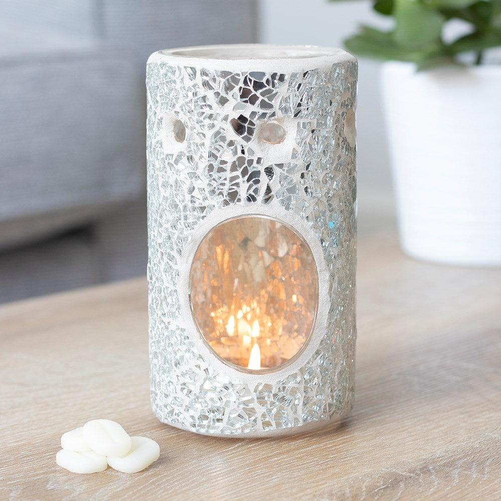 Crackle Glass Pillar Wax Burner in Silver