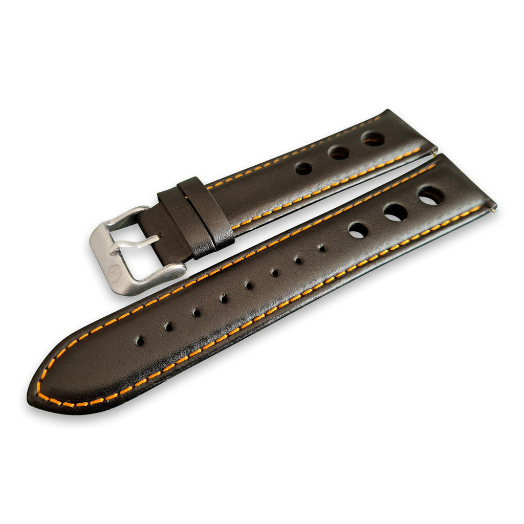 Black and Orange Leather Rally Watch Strap 22mm