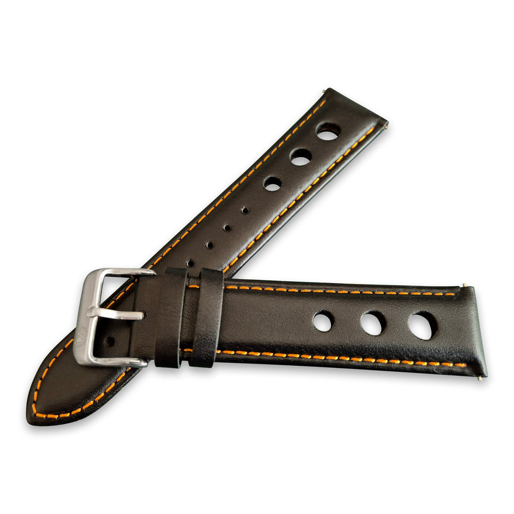 Black and Orange Leather Rally Watch Strap 22mm