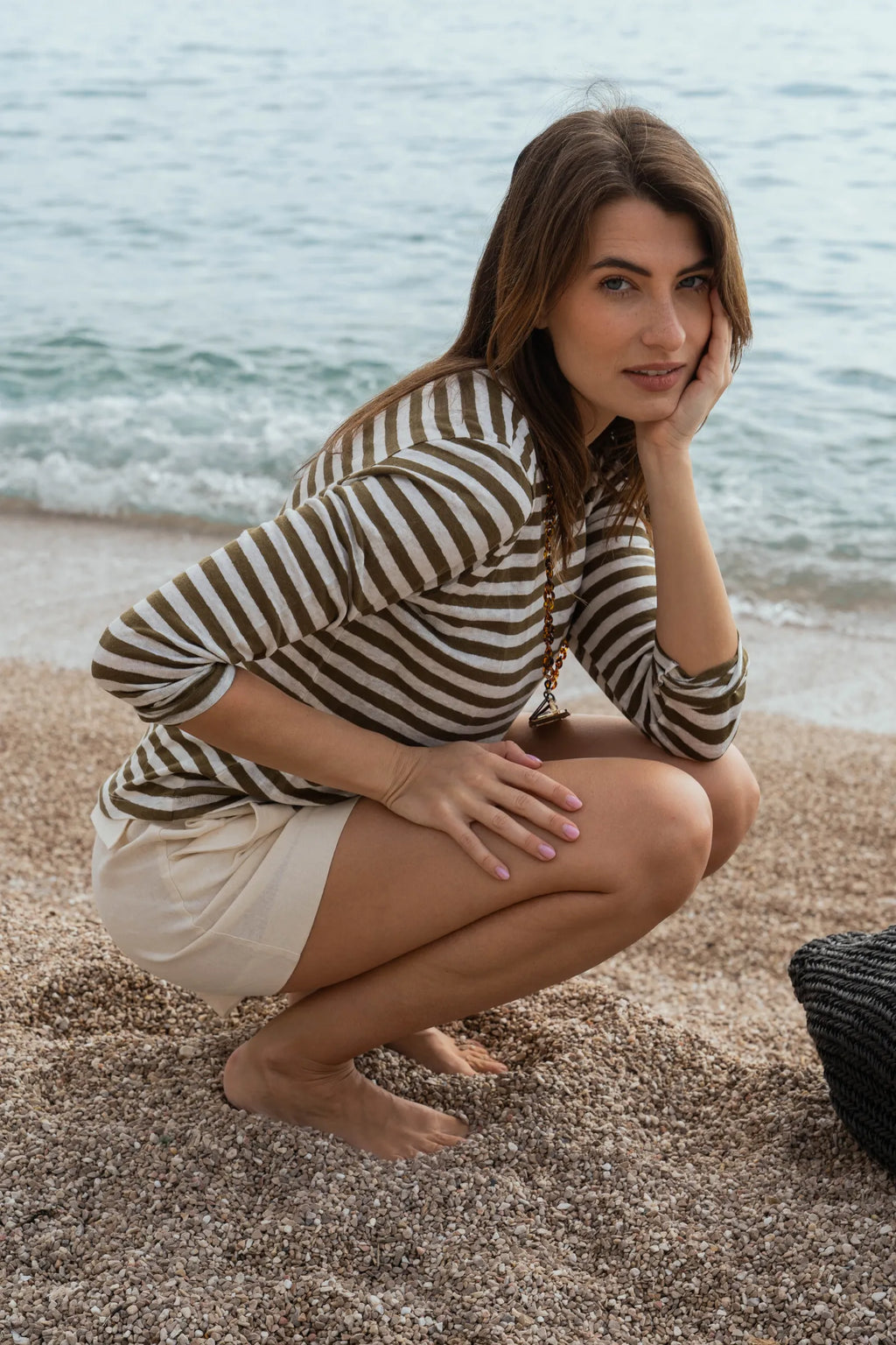 Women's Long Sleeve Striped Linen T-Shirt