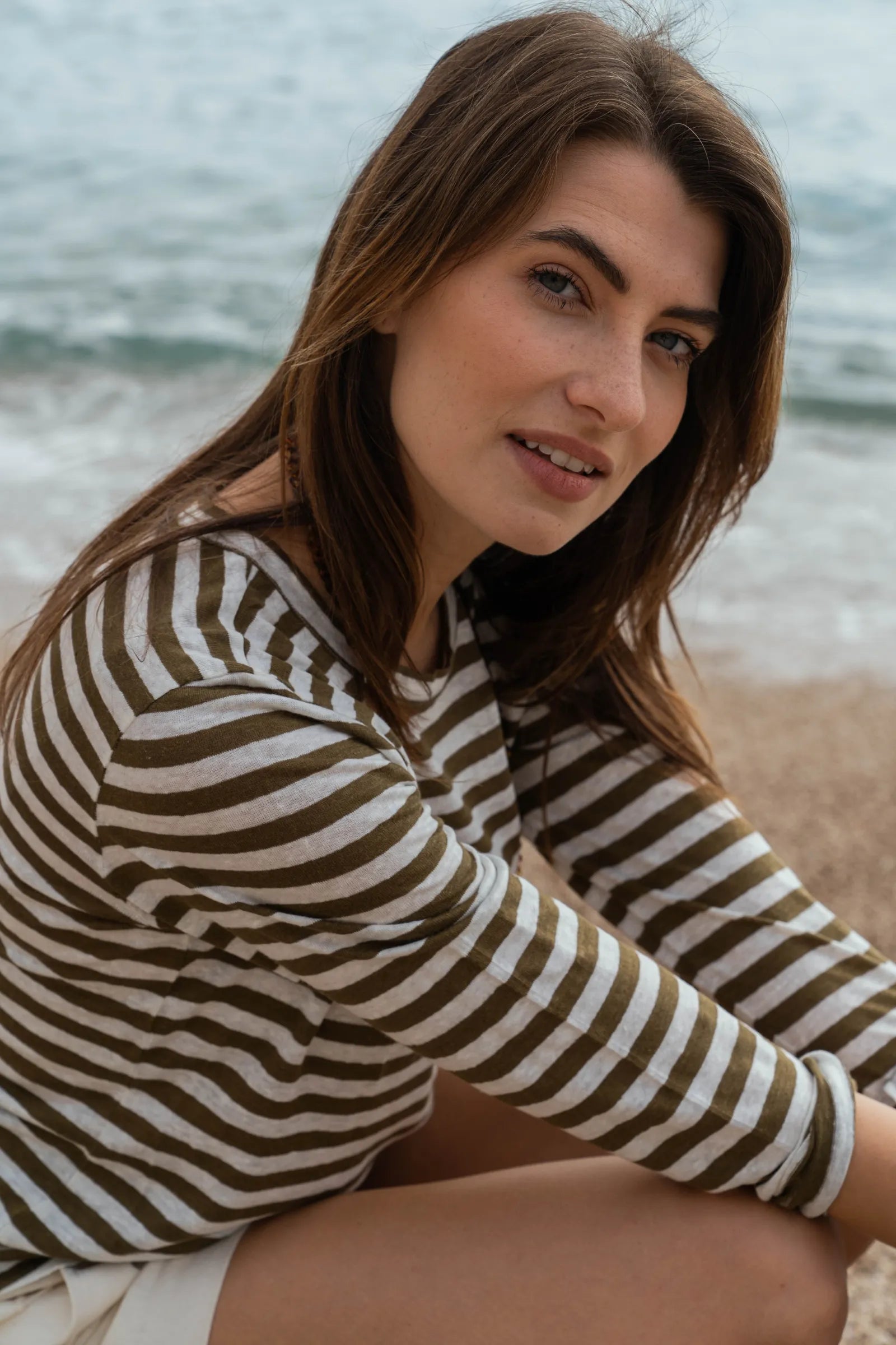 Women's Long Sleeve Striped Linen T-Shirt