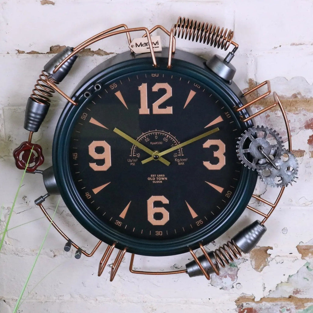 Industrial Wall Clock with Copper Numerals and Steampunk Details
