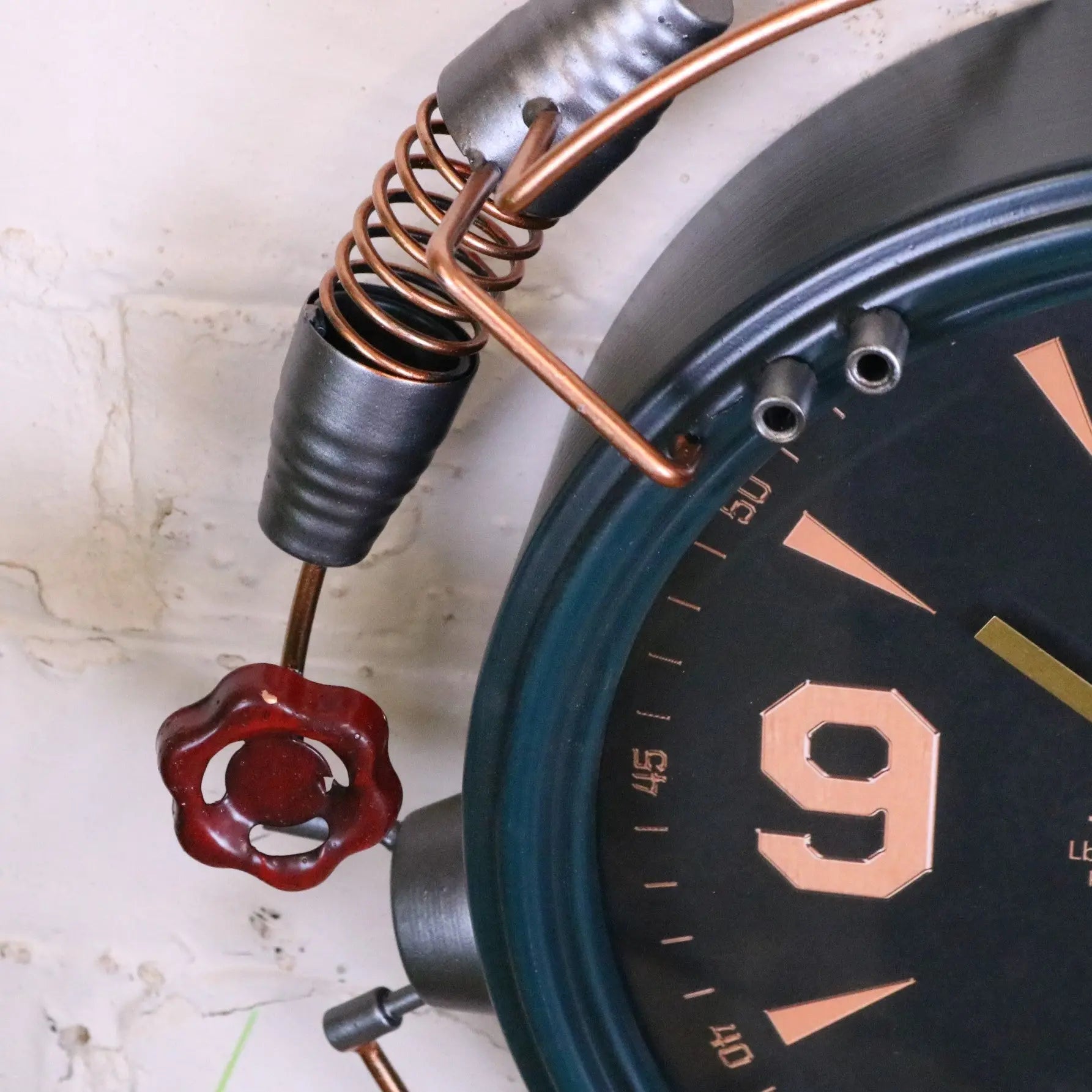 Industrial Wall Clock with Copper Numerals and Steampunk Details