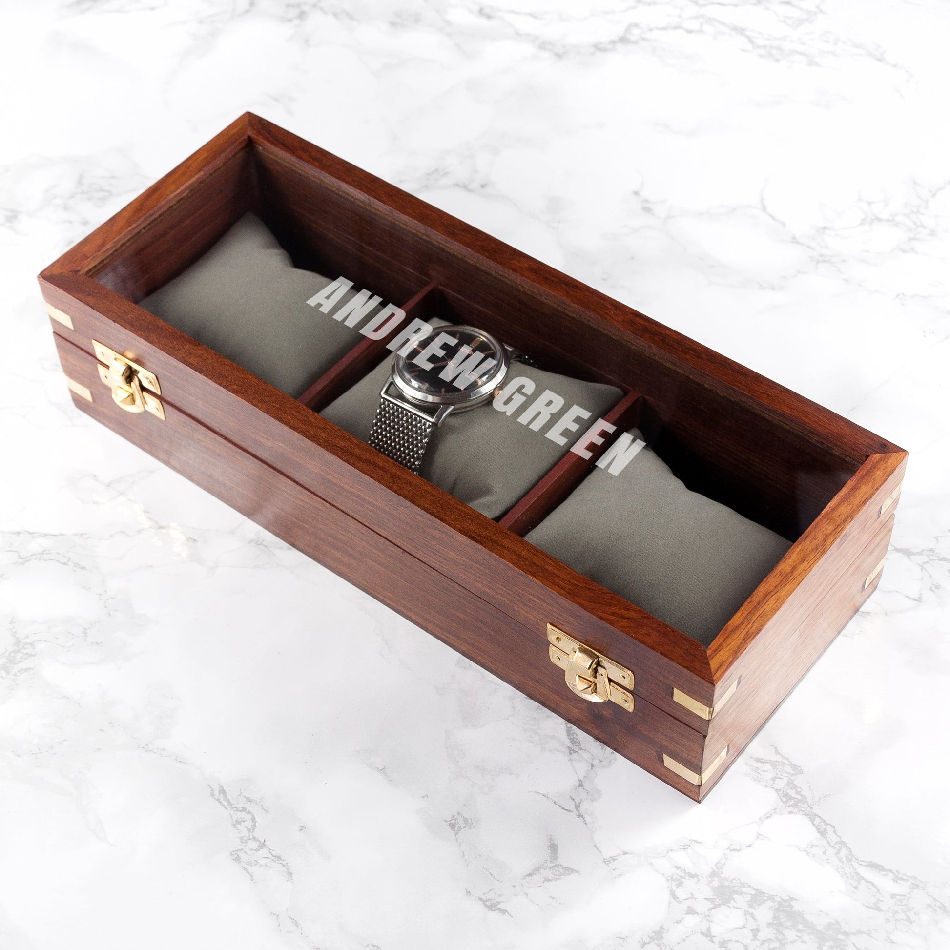 Personalised 3 Piece Wooden Watch Box with Gold Details