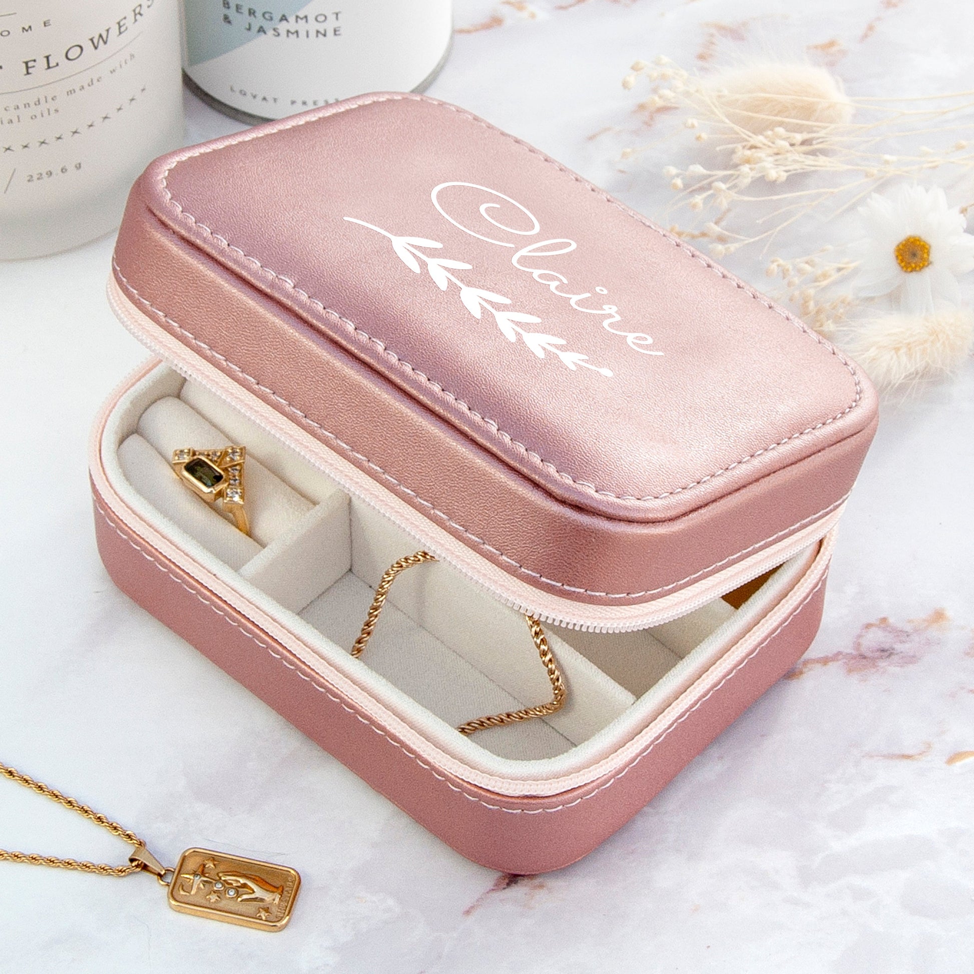 Personalised Pink Travel Jewellery Case with Wreath Design