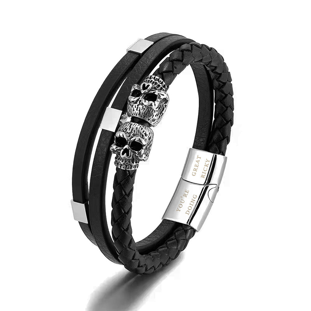 Personalised Men's Skulls Leather Rope Bracelet