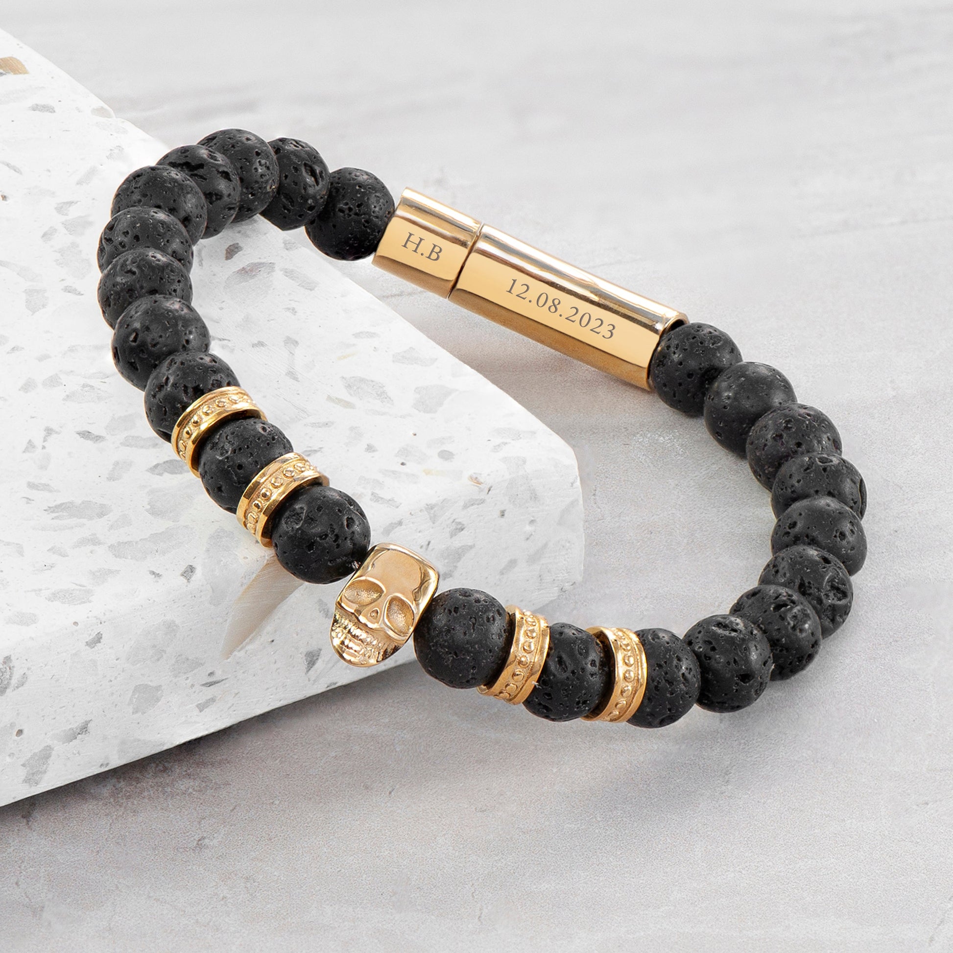 Personalised Men's Golden Skull Beaded Bracelet