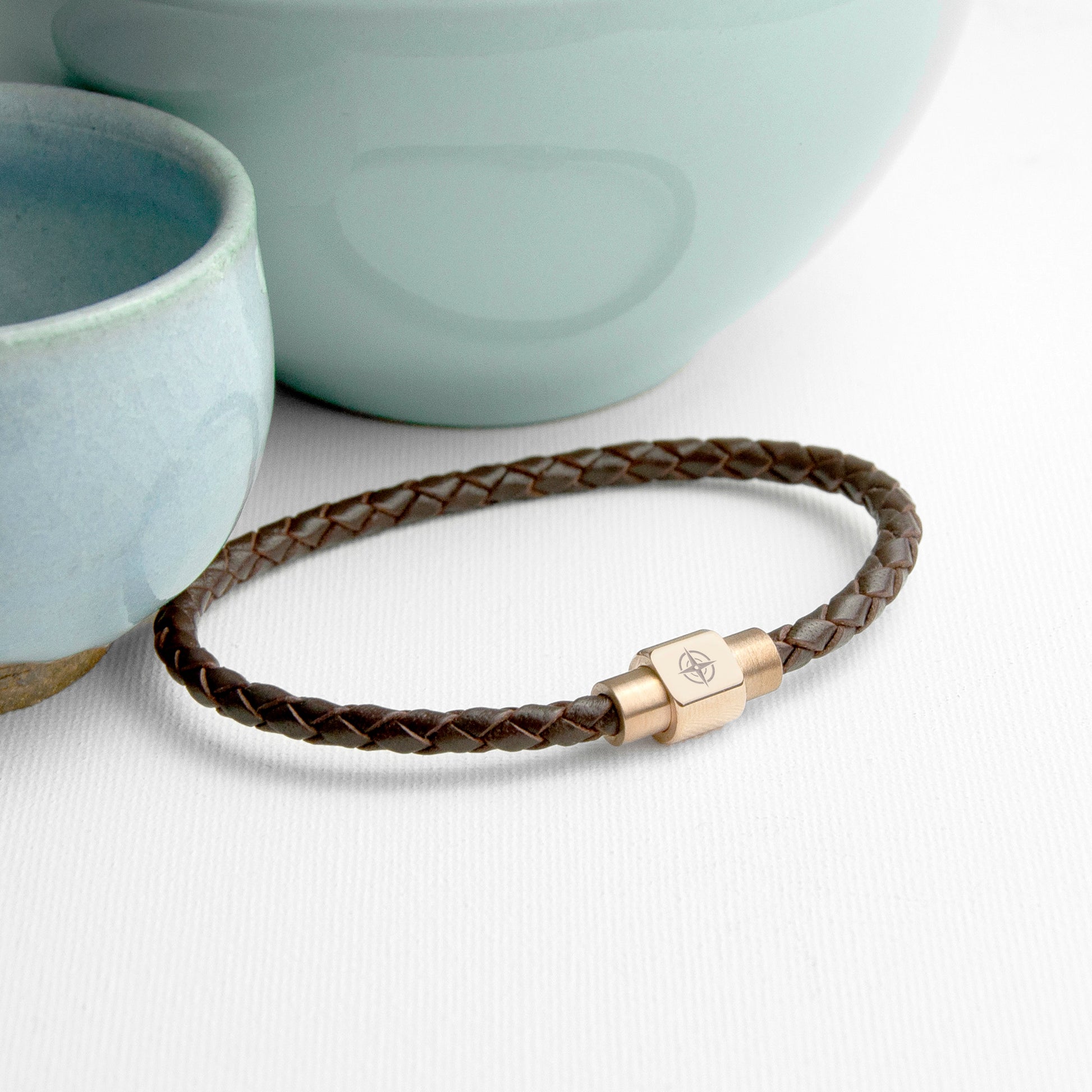 Personalised Men's Travel Compass Woven Leather Bracelet