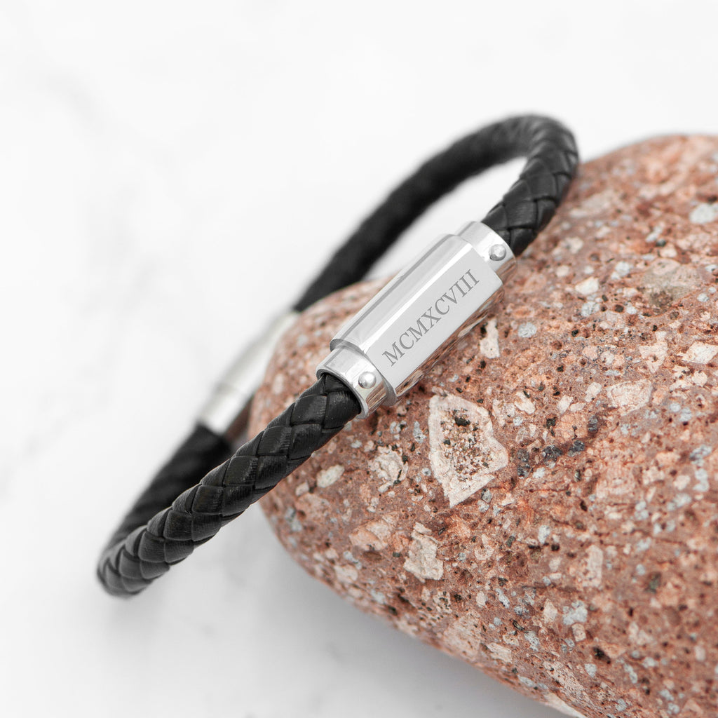 Personalised Men's Roman Numerals Black Leather Bracelet