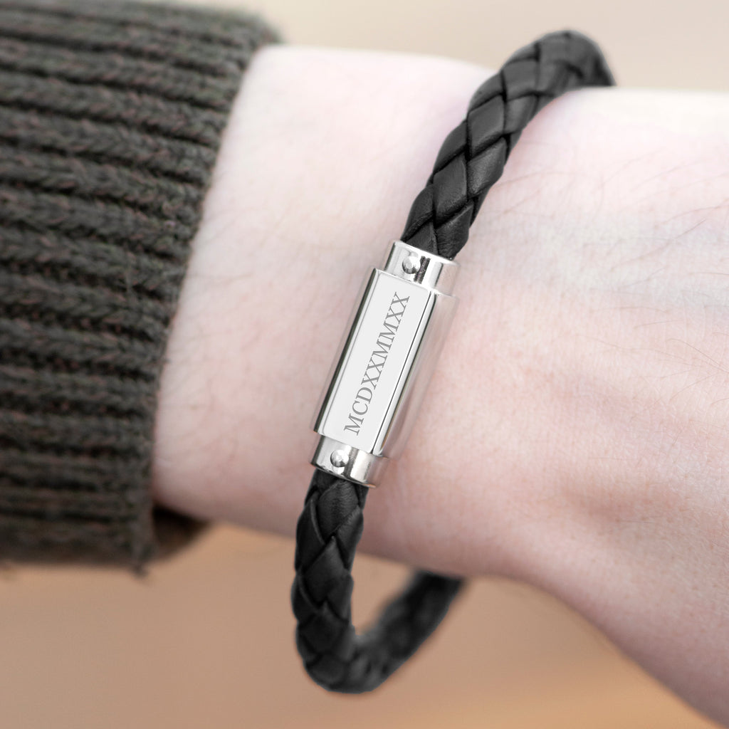 Personalised Men's Roman Numerals Black Leather Bracelet