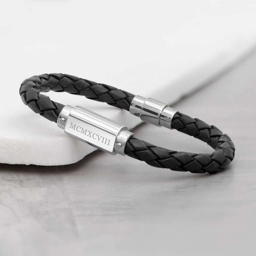Personalised Men's Roman Numerals Black Leather Bracelet