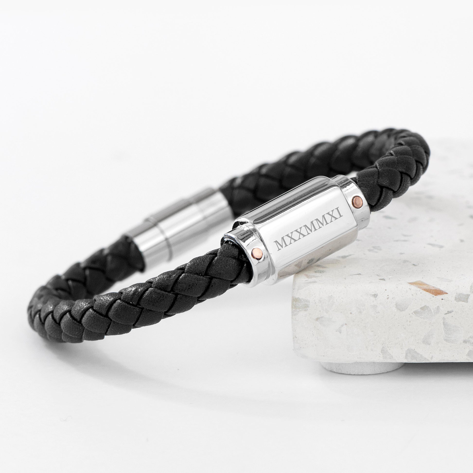 Personalised Men's Roman Numerals Black Leather Bracelet