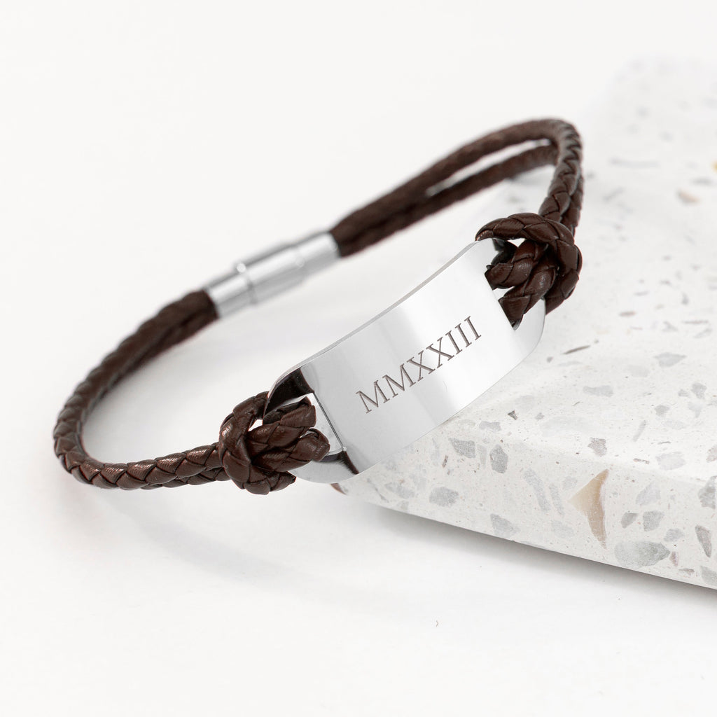 Personalised Men's Roman Numerals Leather Bracelet