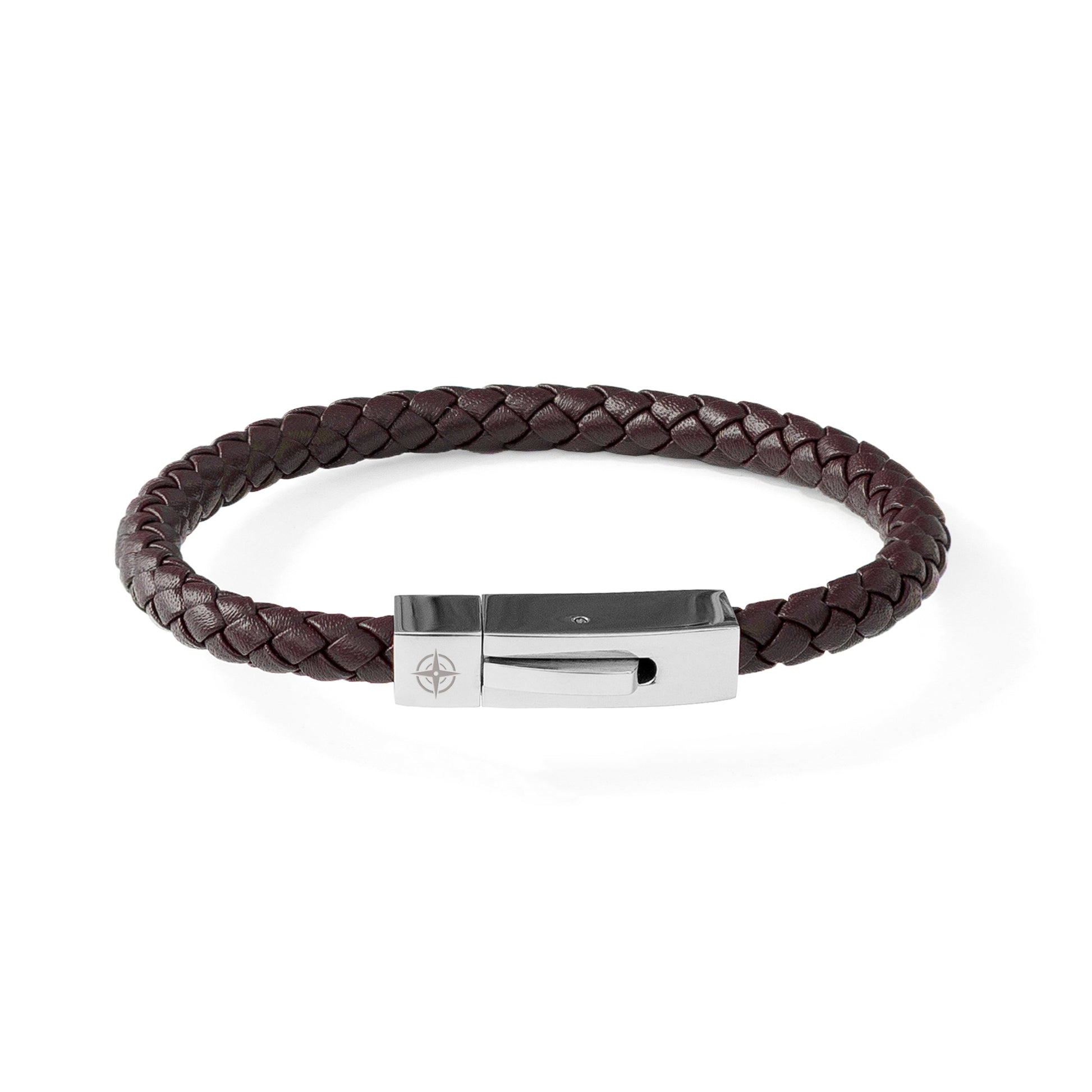 Personalised Men's Leather Travel Compass Bracelet with Tube Clasp