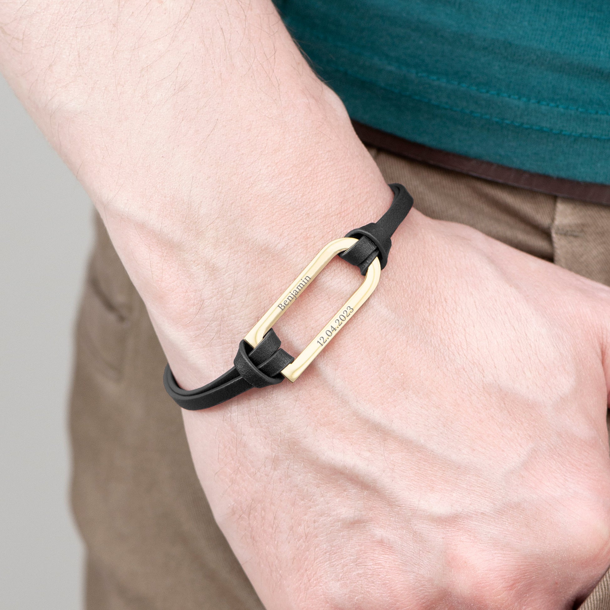 Personalised Men's Gold Bar Black Leather Bracelet