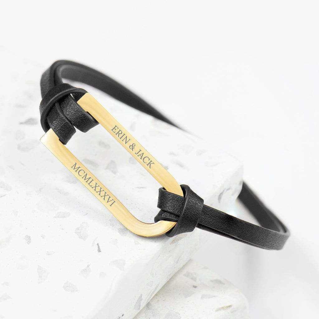 Personalised Men's Gold Bar Black Leather Bracelet