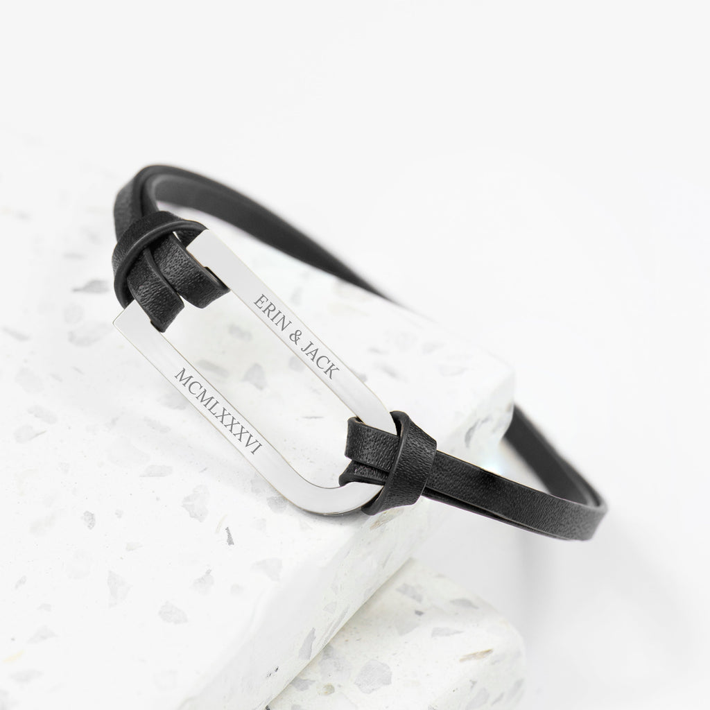 Personalised Men's Silver Bar Black Leather Bracelet