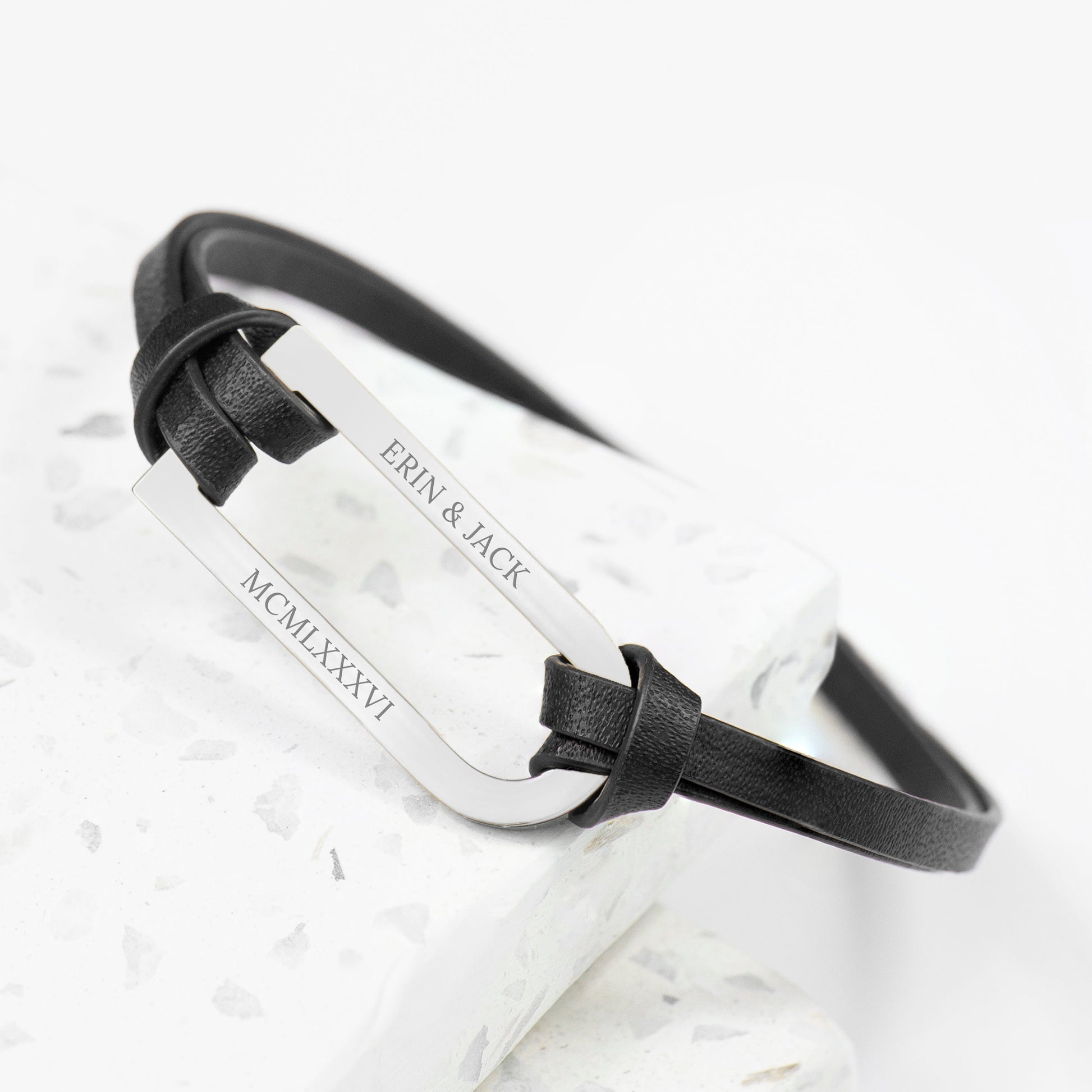 Personalised Men's Silver Bar Black Leather Bracelet