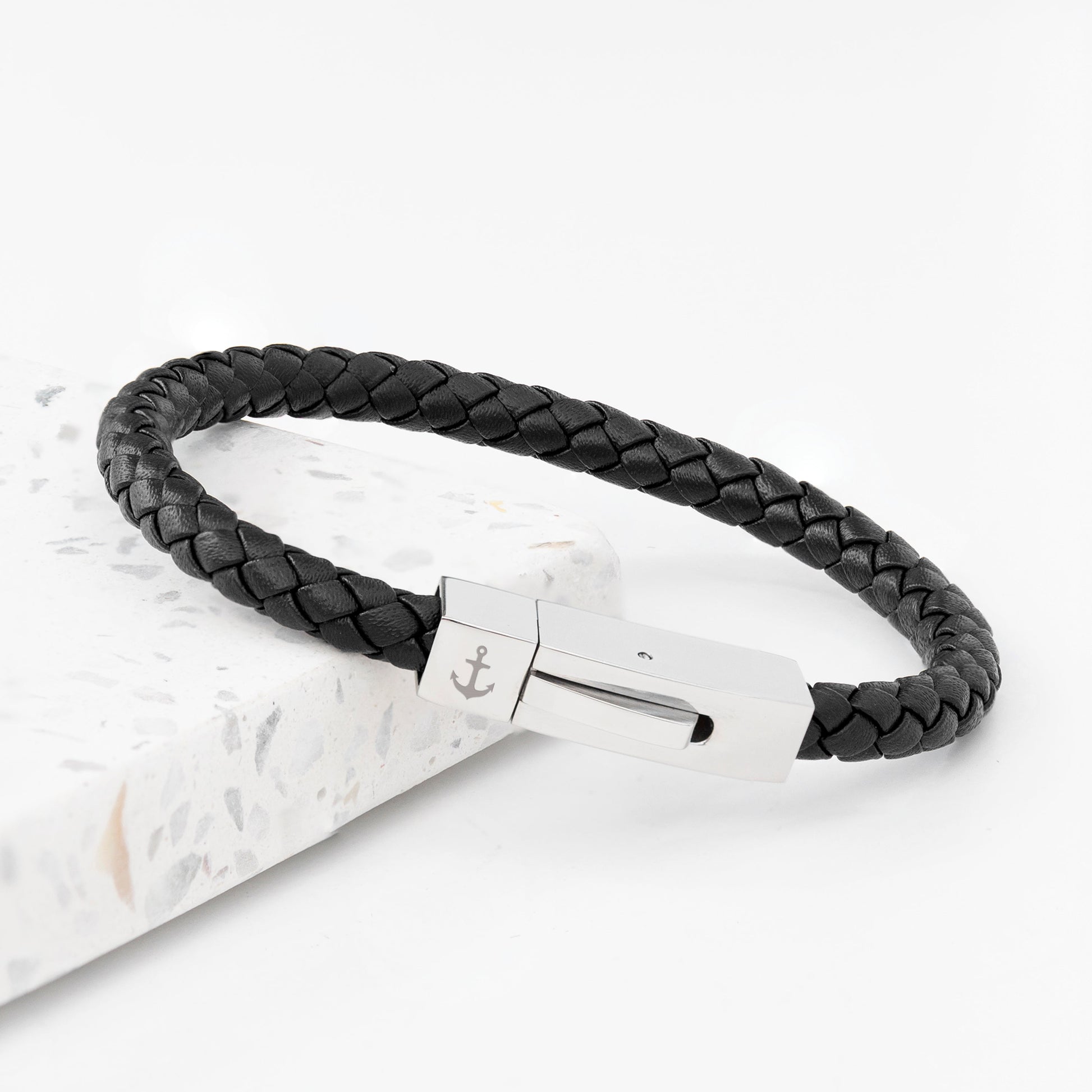 Personalised Men's Leather Anchor Bracelet with Tube Clasp