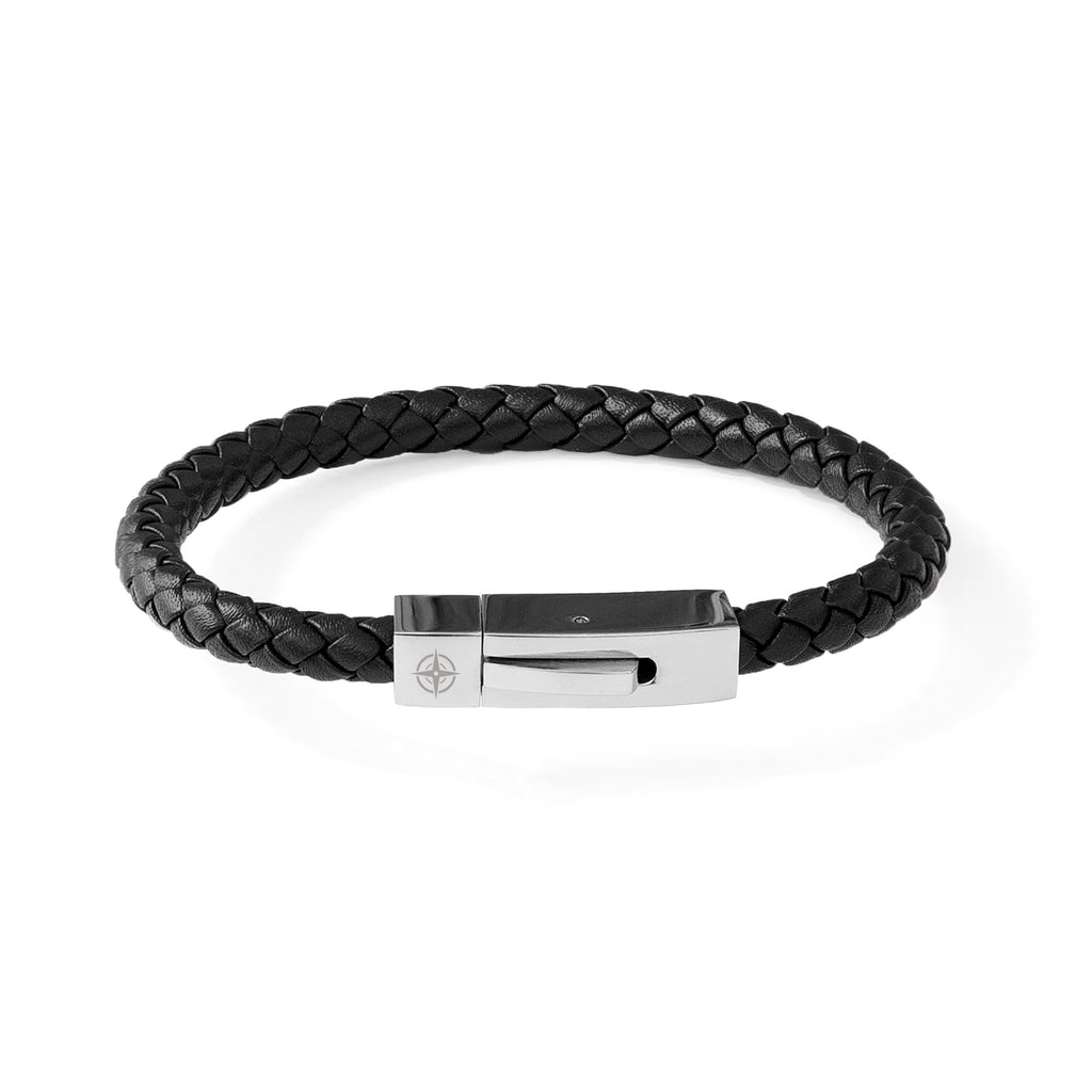 Personalised Men's Leather Travel Compass Bracelet with Tube Clasp