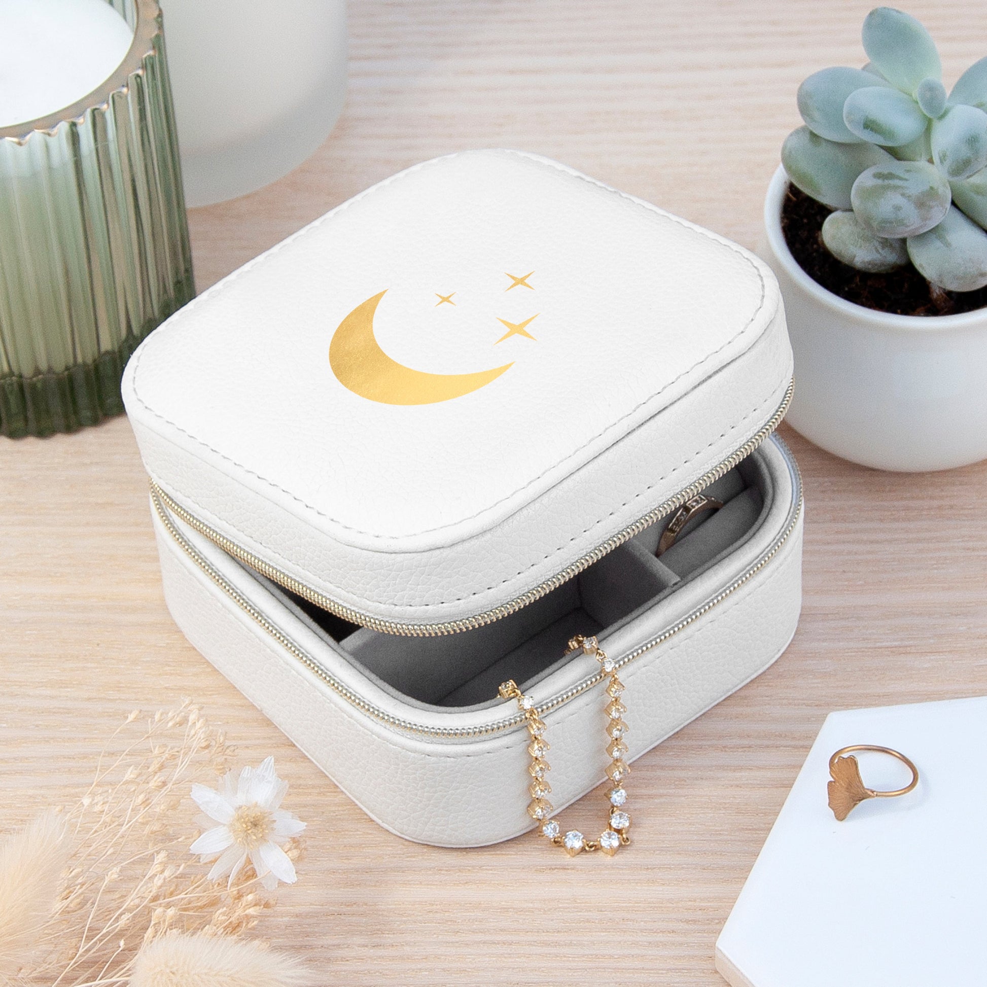 Moon and Stars White Travel Jewellery Case