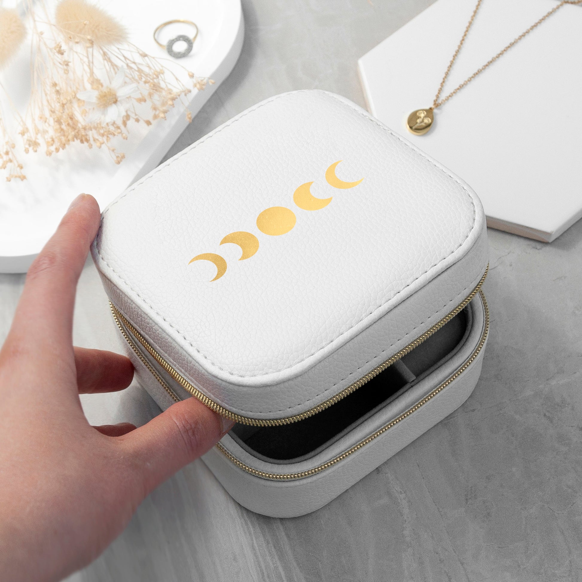 Moon Phase White Travel Jewellery Case with Customisable Vinyl