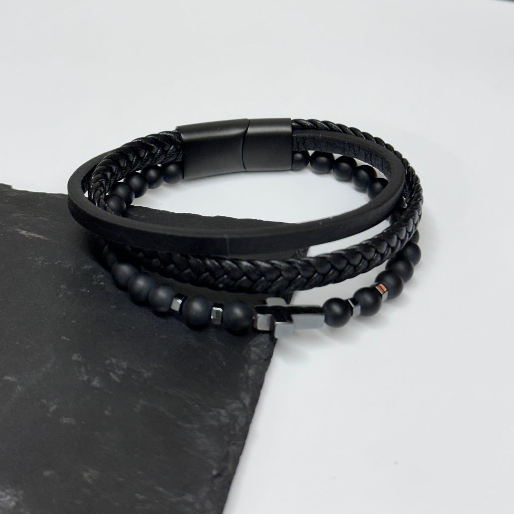 Personalised Men's Beaded and Stacked Leather Cross Bracelet