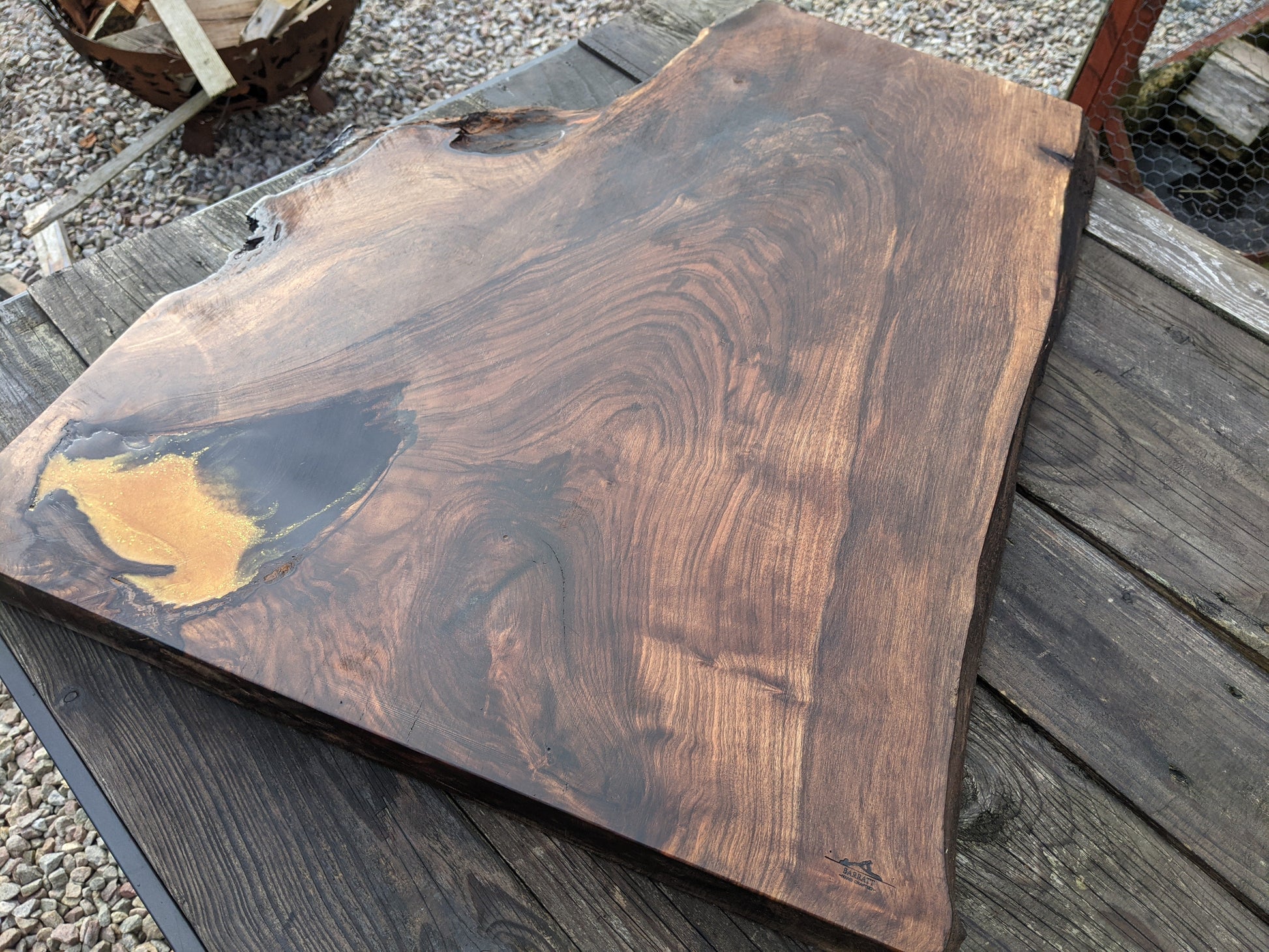 Walnut and Gold Black Epoxy Resin Side Table