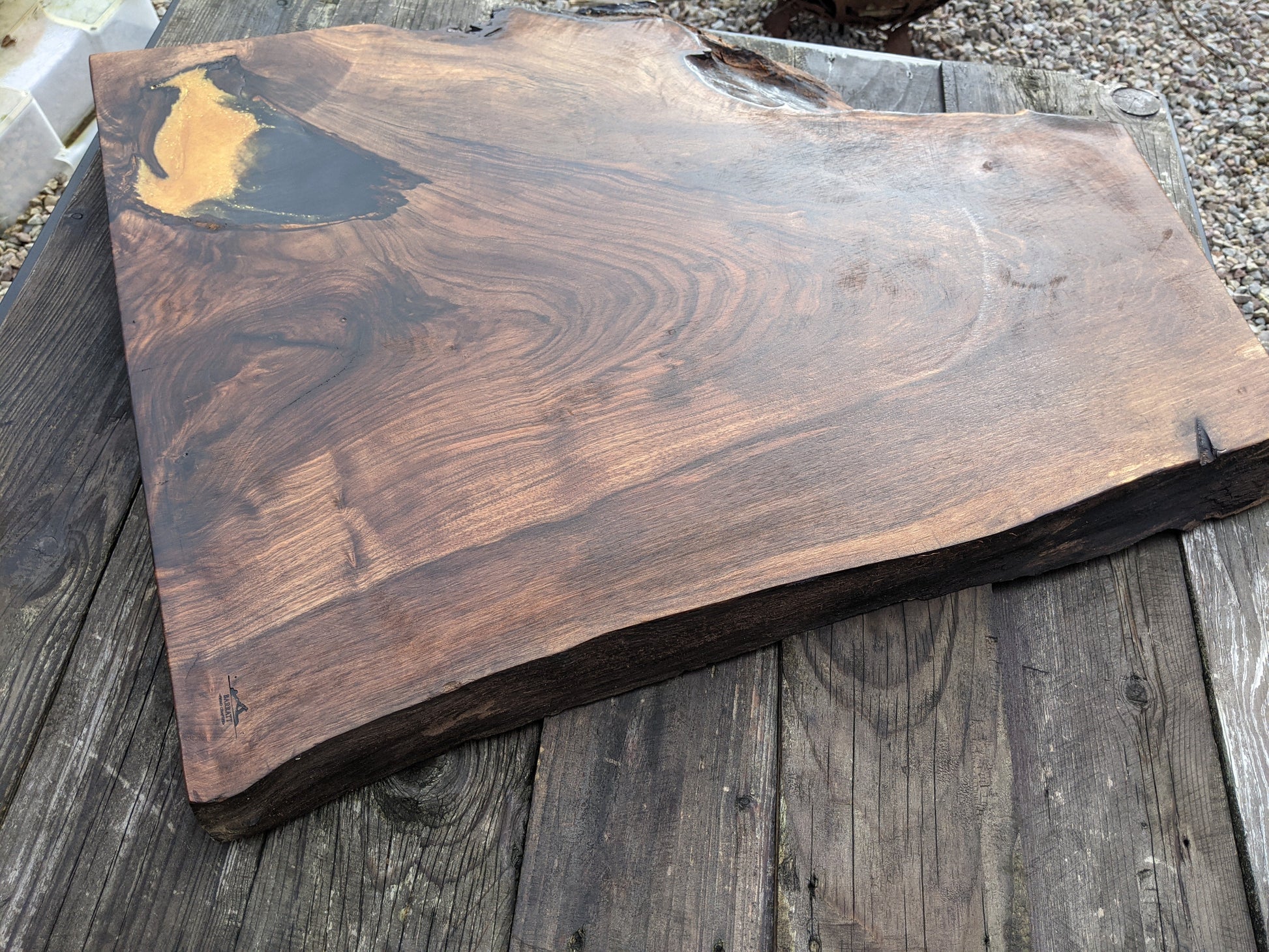 Walnut and Gold Black Epoxy Resin Side Table