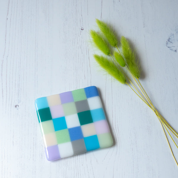 10cm Chequered Pastel Fused Glass Coaster