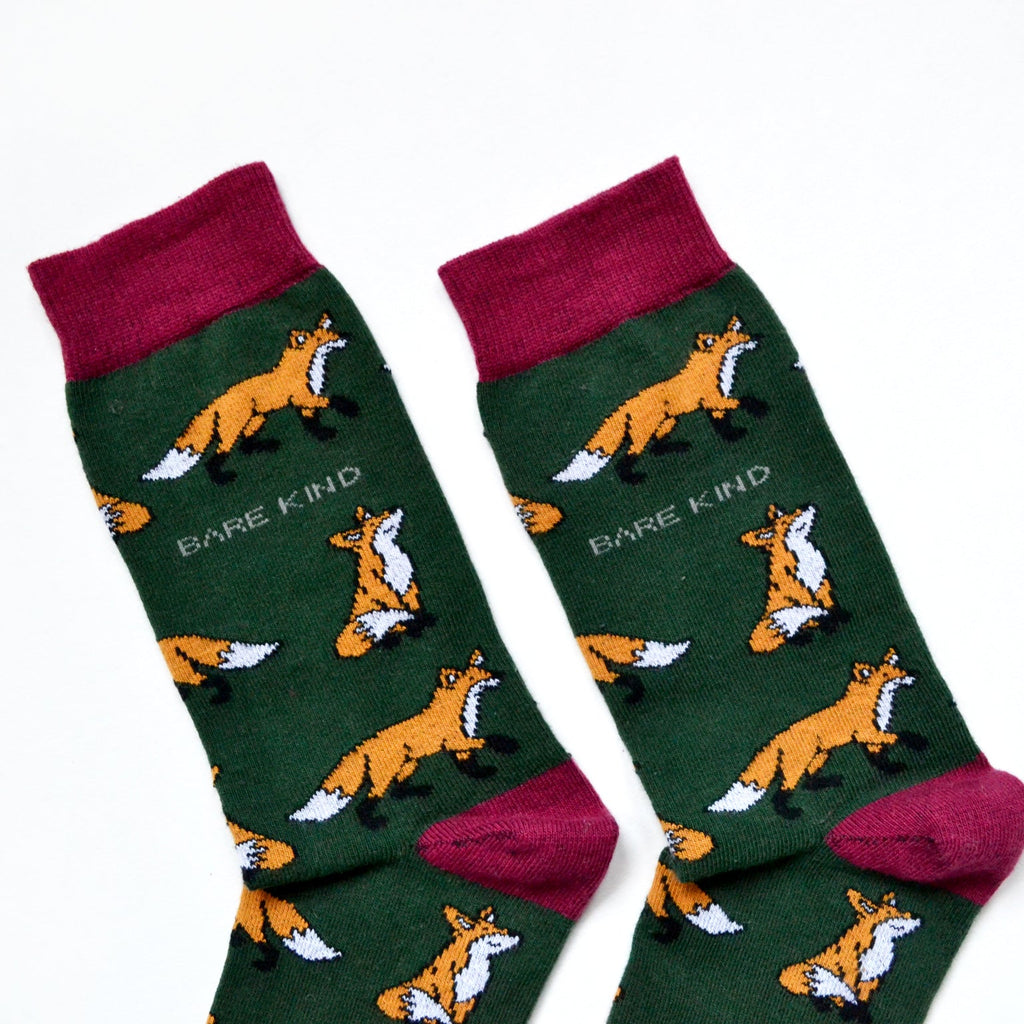 Save the Foxes Bamboo Socks in Forest Green