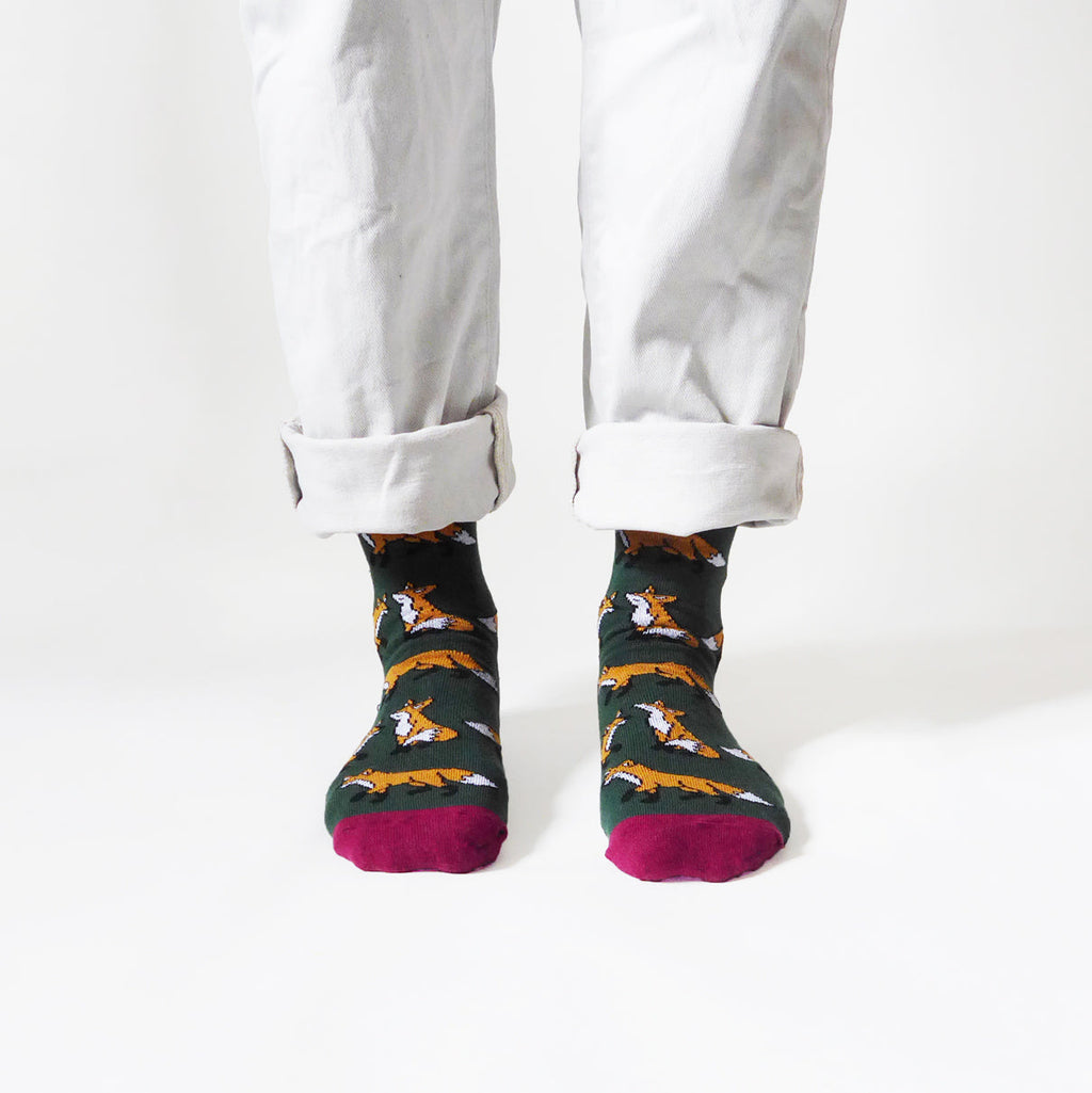 Save the Foxes Bamboo Socks in Forest Green