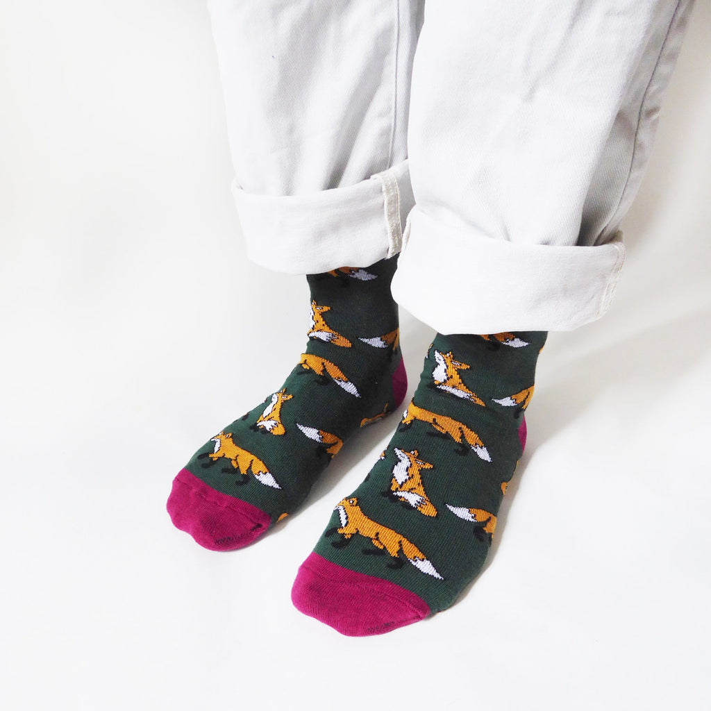 Save the Foxes Bamboo Socks in Forest Green