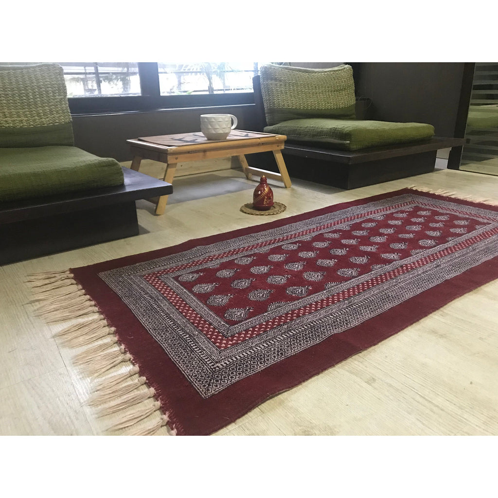 Paisley Jaal Hand Block Print Rug in Red and White