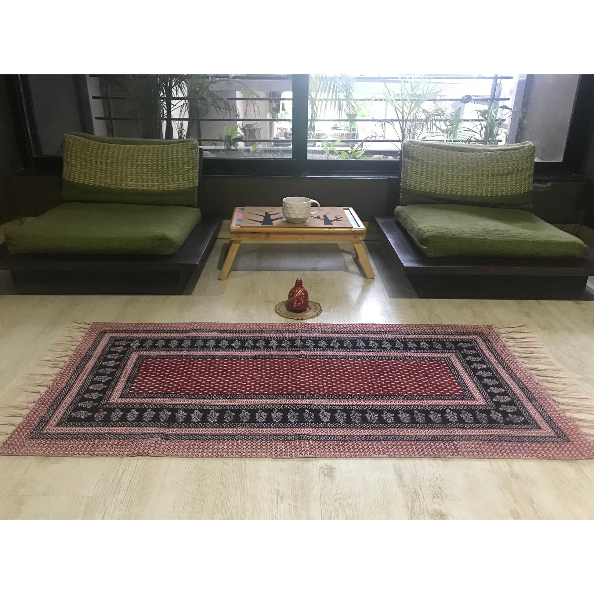 Red and Black Dots and Floral Hand Block Print Rug