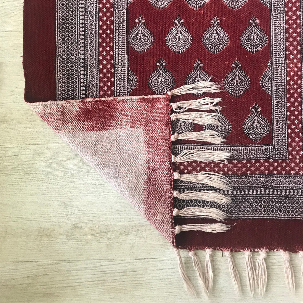 Paisley Jaal Hand Block Print Rug in Red and White