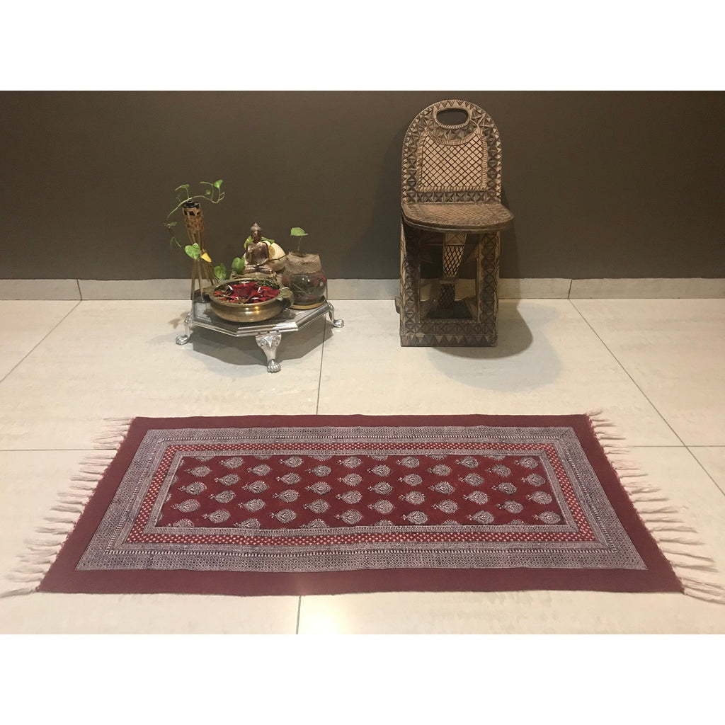 Paisley Jaal Hand Block Print Rug in Red and White
