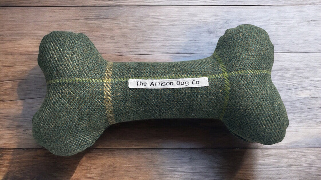 Handcrafted Toy Squeaky Dog Bone Forest Green Check