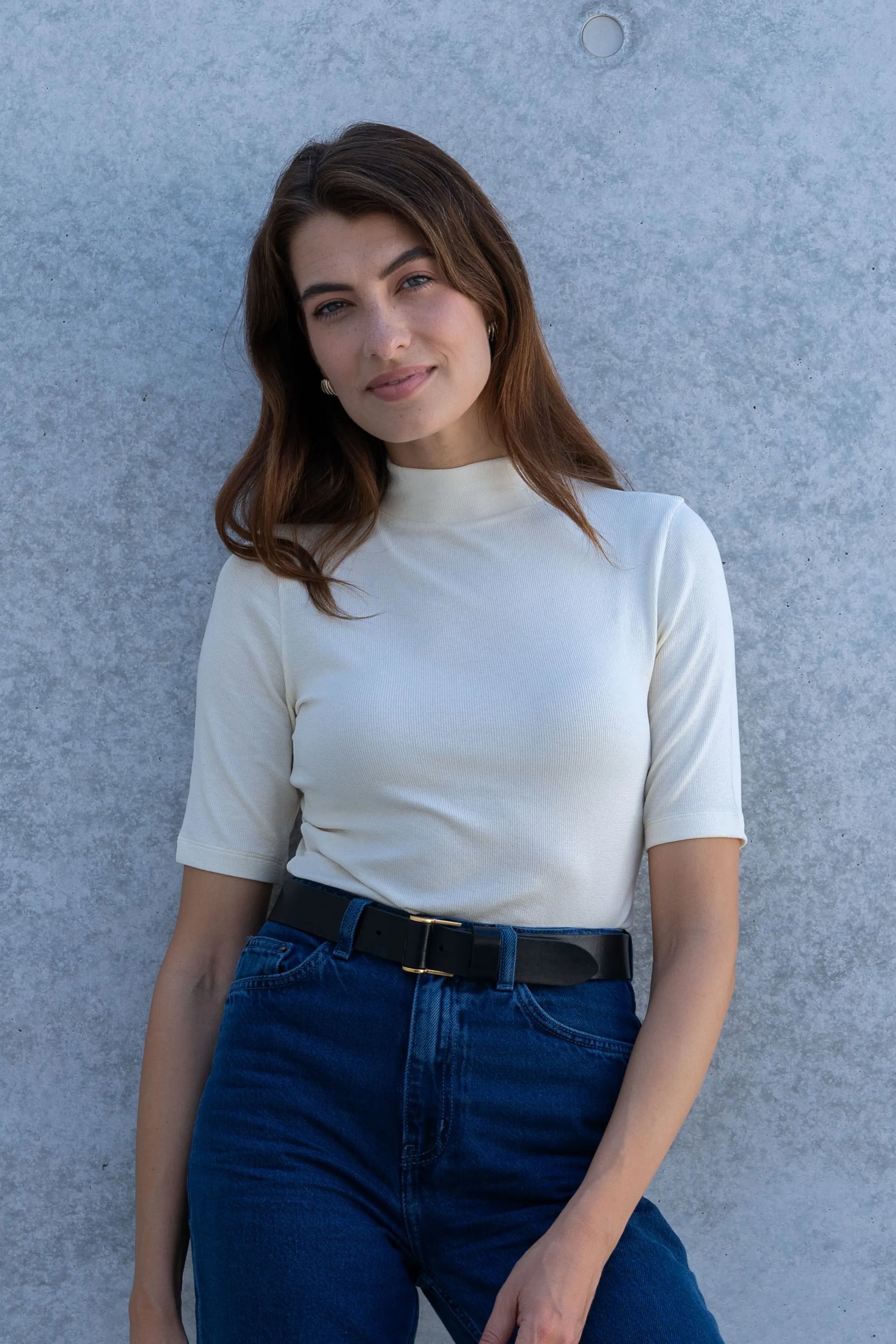 Mock Neck Micro Modal Top with Ribbed Half Sleeve