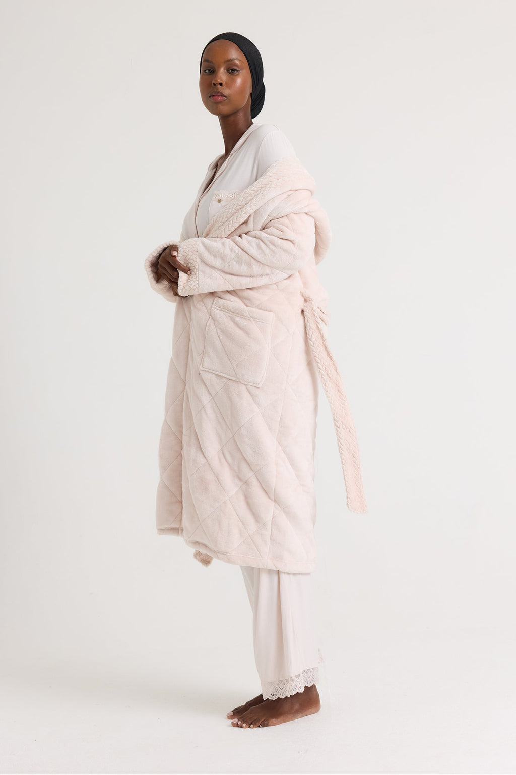 Quilted Velour Dressing Gown in Powder Puff