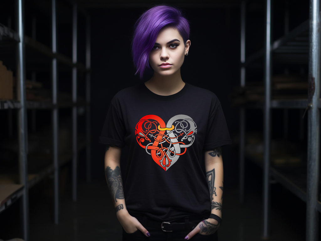 Ladies Black T- shirt - Viking Heart Red & Grey