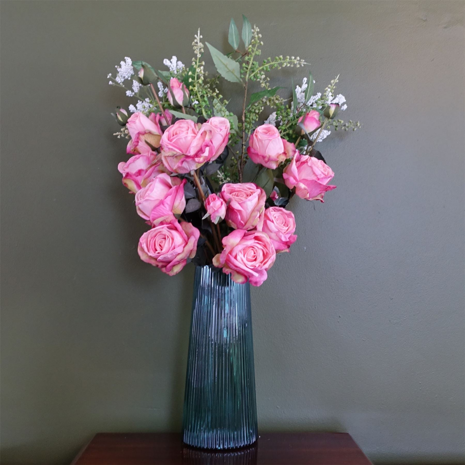 60cm Pink Rose Artificial Flower Display in Glass Vase