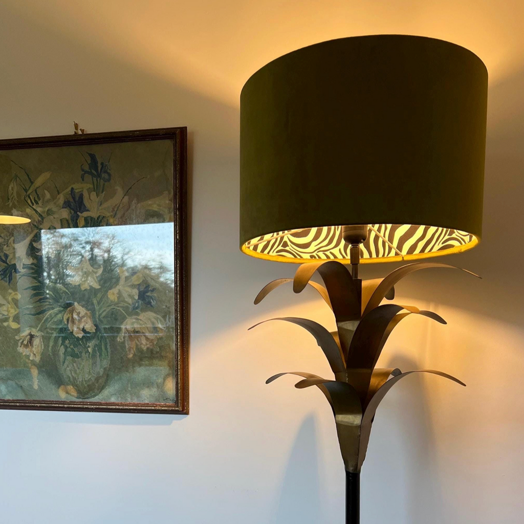 Olive green velvet drum lampshade/ ceiling light shade with zebra print cotton interior