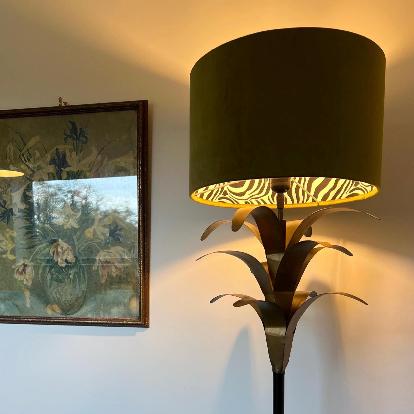 Olive green velvet drum lampshade/ ceiling light shade with zebra print cotton interior