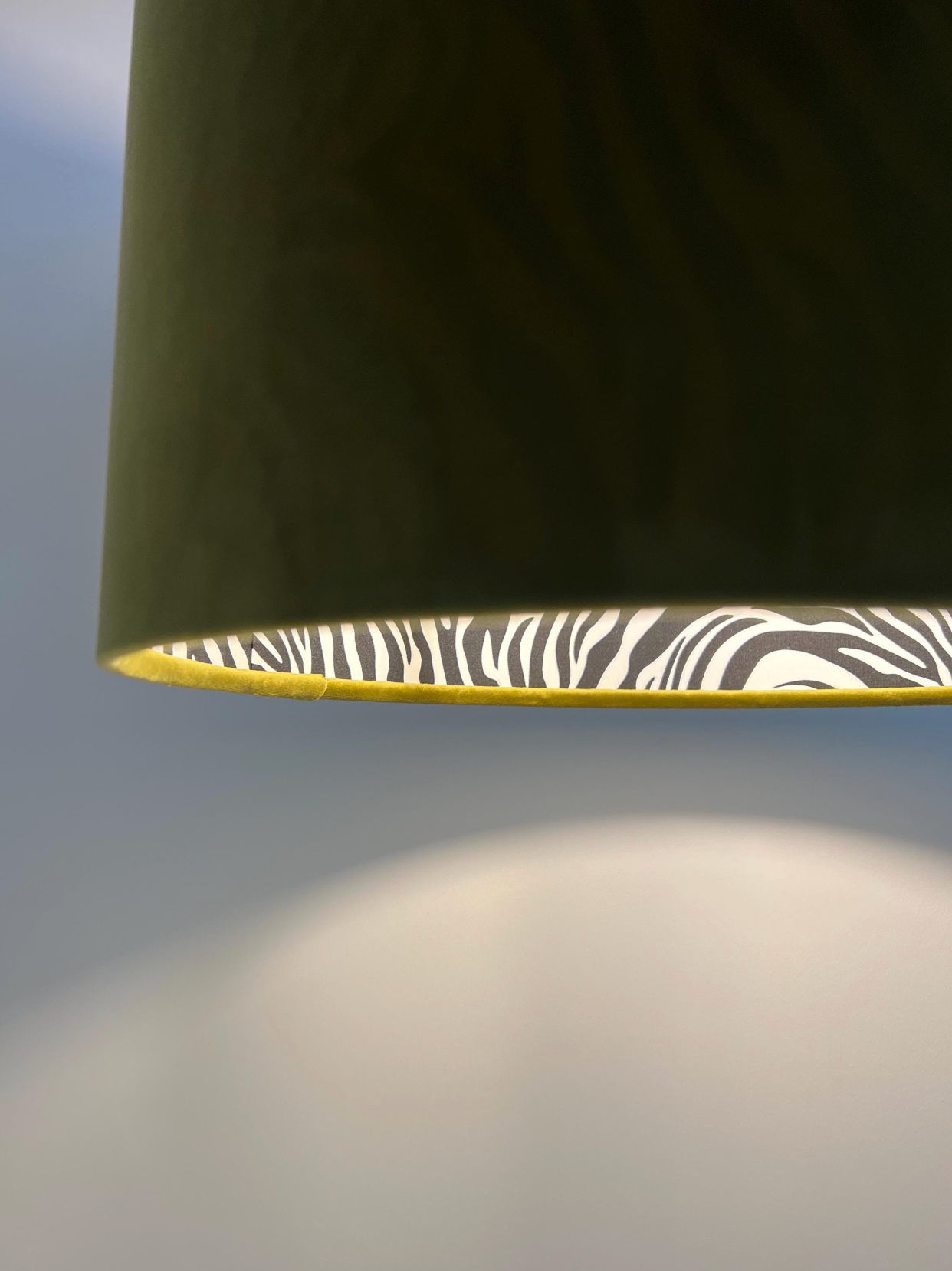 Olive green velvet drum lampshade/ ceiling light shade with zebra print cotton interior