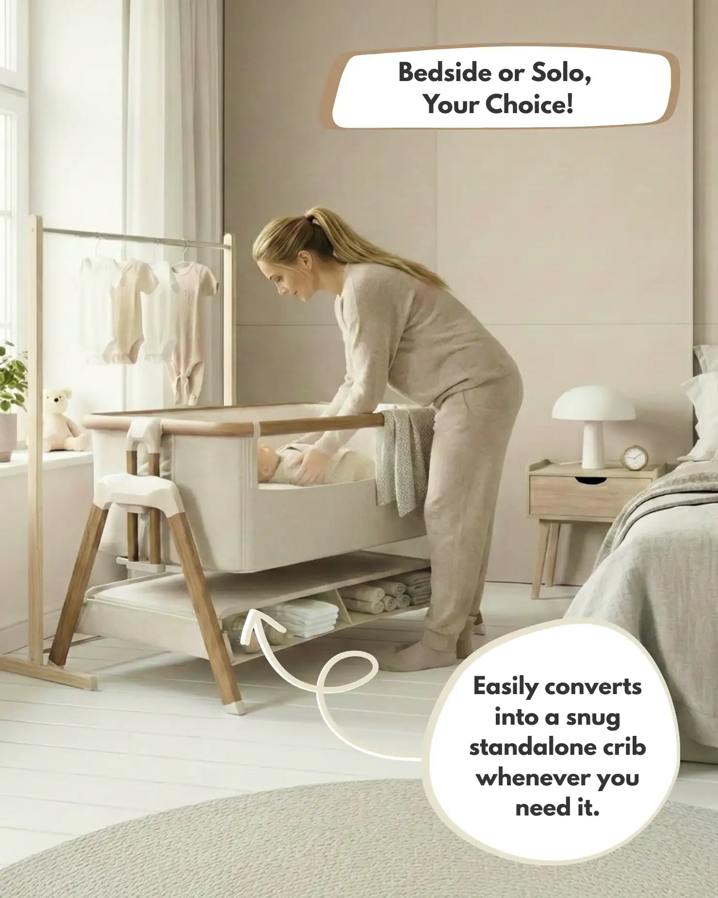 Beige Bedside Crib for Newborns