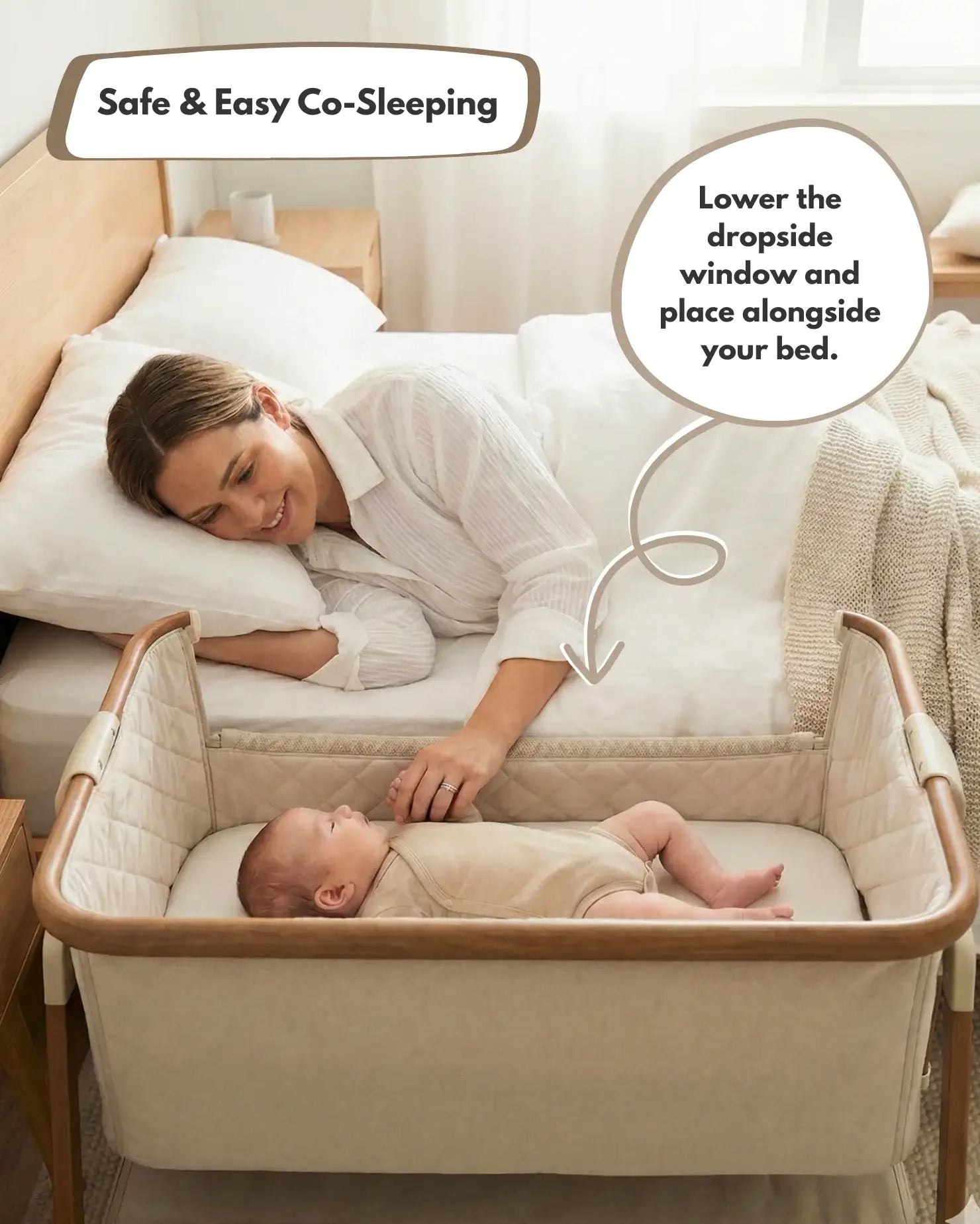 Beige Bedside Crib for Newborns