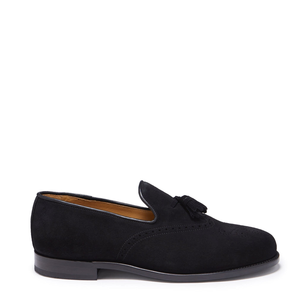 Black Suede Tasselled Brogues with Welted Leather Sole
