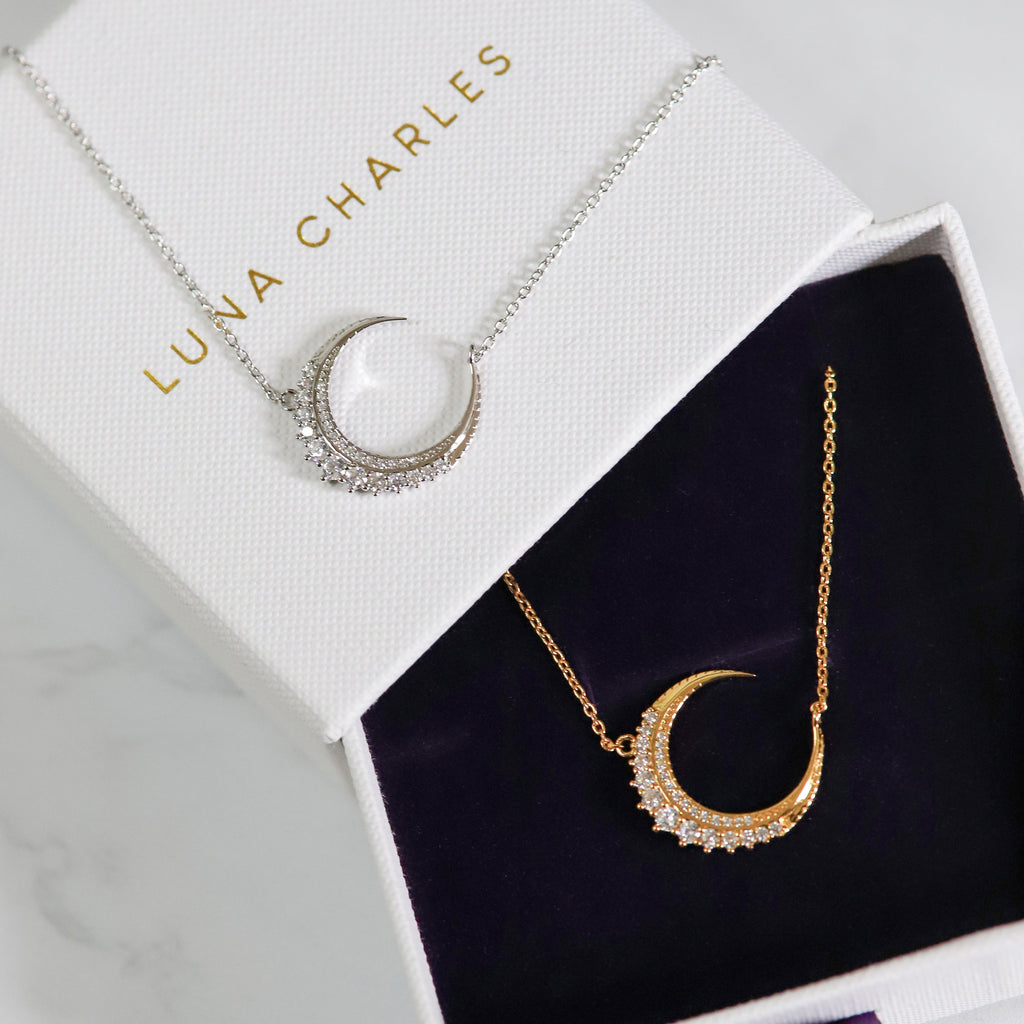 Crescent Moon Crystal Pendant Necklace in Sterling Silver